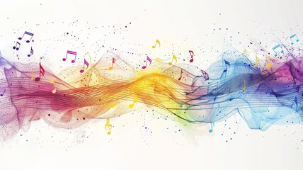 Colorful abstract musical notes on a wave - A vibrant abstract representation of musical notes flowing on a colorful wavy spectrum - obrazy, fototapety, plakaty