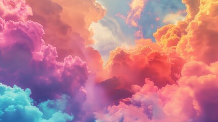 Colorful fluffy clouds in orange and pink hues - A vibrant and surreal image of clouds painted in a vivid orange and pink colors against a deep clear blue sky, offering a dream-like quality - obrazy, fototapety, plakaty