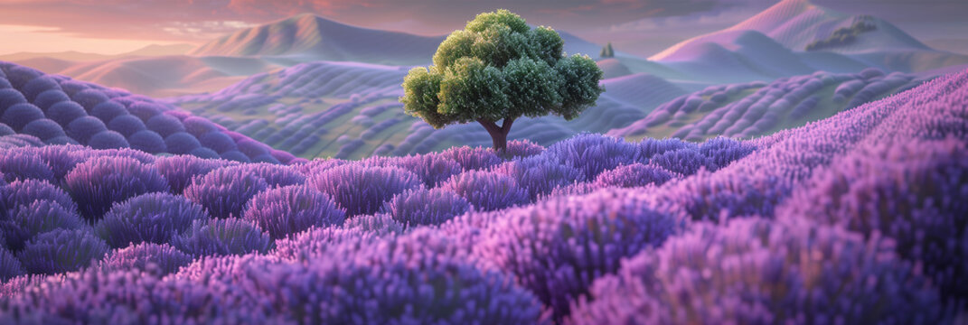 Green tree in the middle of Lavender flowers farmer hill in foggy morning