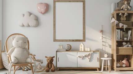 Mock up frame in children room with natural wooden furniture, 3D render. Background for business