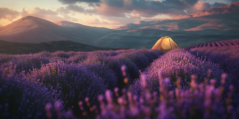 Yellow camping tent in the middle Lavender flowers plantation field farm in foggy morning