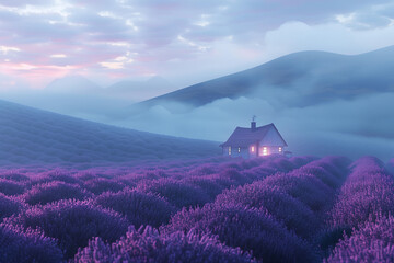 House with windows light in the middle of Lavender flowers plantation field in foggy morning