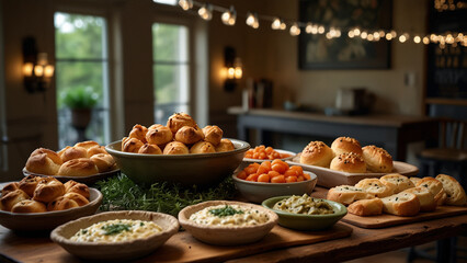 Bread and artichoke dip are on the table ready to be enjoyed