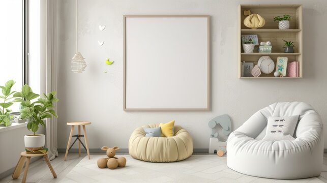 Mock up frame in unisex children room interior background, 3D render. Background for business