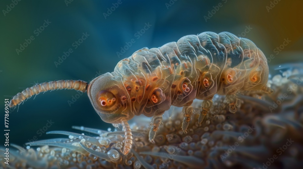 Poster a microscopic snapshot of a single larva with a bulbous head and a long thin body. the is shown in t