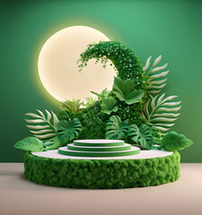 A minimalist 3D render of a podium, pedestal with leaf shadow, nature concept, against a beautiful nature background, perfect for promoting or showcase cosmetics, beauty, nature concept products.