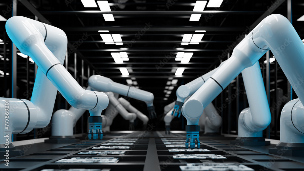 Poster industry 4.0 and industrial robots in smart factory. 3d rendering