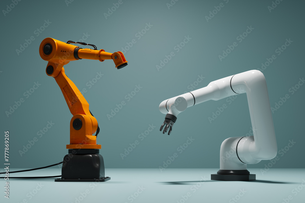 Poster industry 4.0 and industrial robots in smart factory. 3d rendering