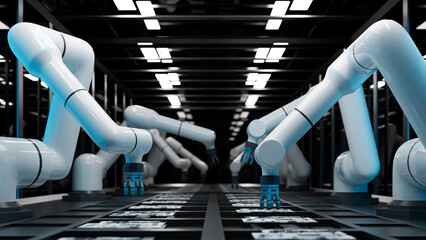 Industry 4.0 and Industrial robots in smart factory. 3d rendering