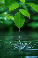Naklejka na ściany i meble A single droplet falls from a leaf, creating ripples on the water's surface, a serene symphony of nature