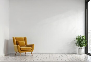 The interior has a armchair on empty white wall background