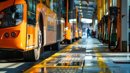 A bus depot with a designated Biofuel Fueling area where workers fill up the buses with the renewable and sustainable energy source. . - obrazy, fototapety, plakaty