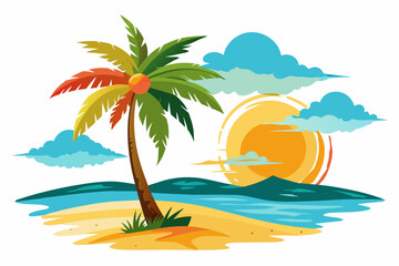 Fototapeta na wymiar beach palm-sun-watercolor-white-background vector 
