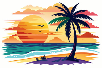 Fototapeta na wymiar beach palm-sun-watercolor-white-background vector 