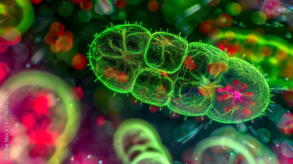 Poster an overlay image of a cells mitochondria stained green and the surrounding cellular structures stain