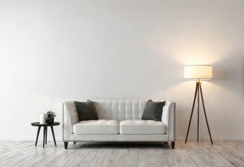 The interior has a armchair on empty white wall background