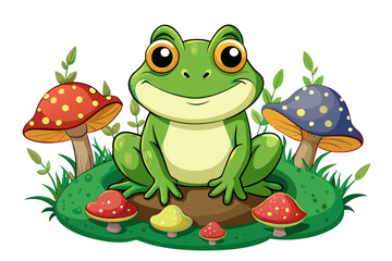 happy-frog-cartoon-sitting-on-mushrooms vector illustration 