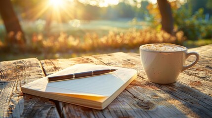 Morning reflections with notepad and steaming coffee outdoors