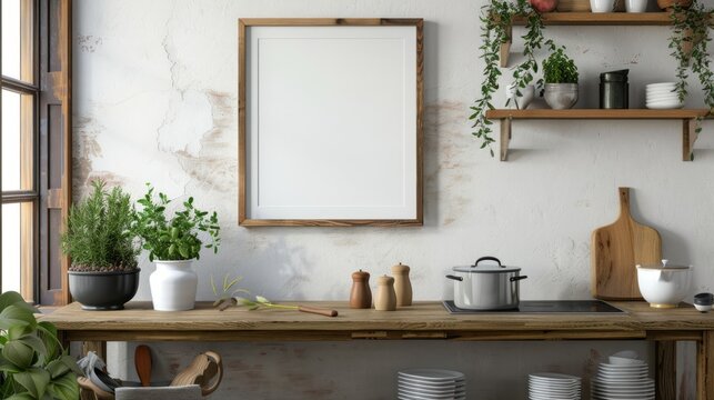 Mock up poster frame in kitchen interior, Farmhouse style, 3d render. Background for business