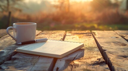 Morning journal with coffee cup in sunlight.