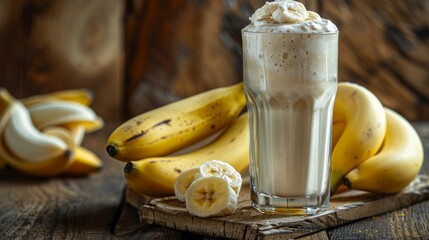 Banana smoothie in a glass on a rustic wooden background