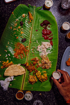 Indian thali on a banan leaf