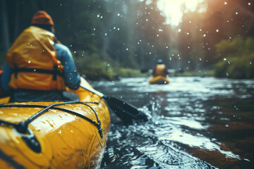 a group of equipped kayakers embarks on a journey down a foggy river, navigating through the tranquil waters with focus and teamwork