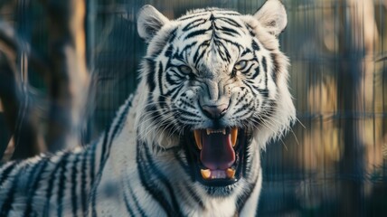 White Tiger Snarling Behind Zoo Enclosure - Captivating image of a white tiger growling behind the confines of a zoo enclosure, evoking thoughts on captivity