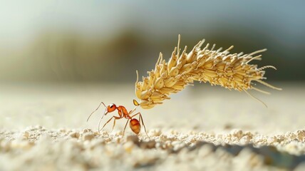 Ant carrying a wheat stalk on sandy ground - Close-up shot of a single ant showcasing strength as it carries a heavy wheat stalk many times its size across the sand