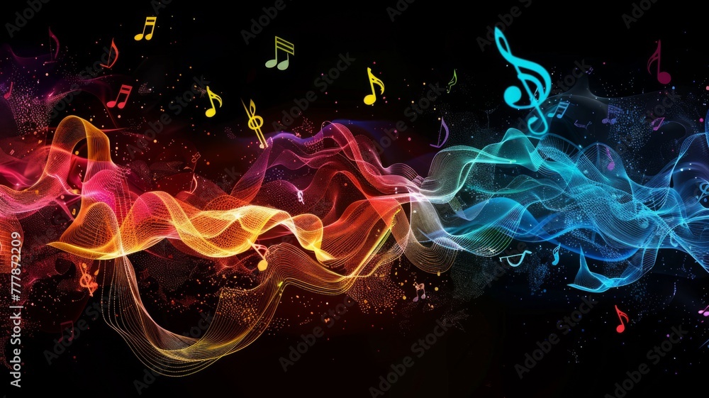 Poster energetic music waves with neon notes - dynamic abstract design featuring waves and neon music notes