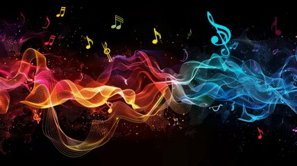 Energetic music waves with neon notes - Dynamic abstract design featuring waves and neon music notes that suggest movement and euphoria Ideal for themes of music and celebration - obrazy, fototapety, plakaty