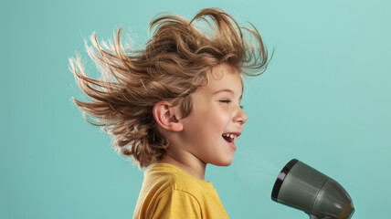Child with hair blowing wildly by a hairdryer - Dynamic image of a kid experiencing the powerful blast of air from a hairdryer, resulting in a wild hairdo - obrazy, fototapety, plakaty