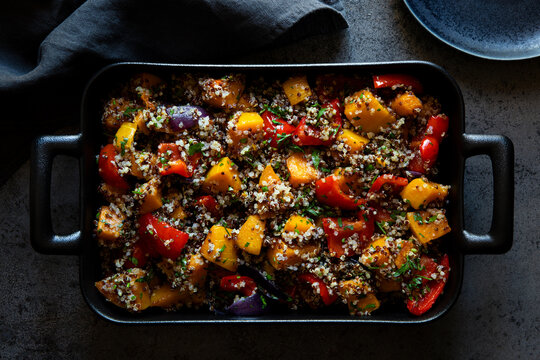 Quinoa dish with roasted vegetables, butternut squash, bell pepper
