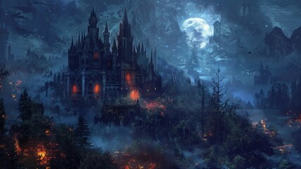 Obraz premium A haunting castle under a full moon, surrounded by an eerie forest and mist, evokes a sense of mystery and fantasy. 