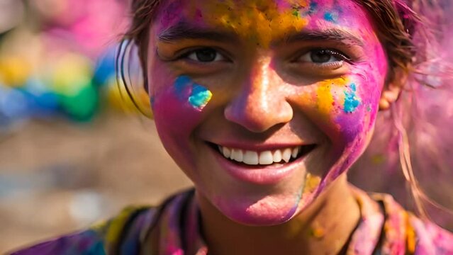 A young girl covered in powder paint