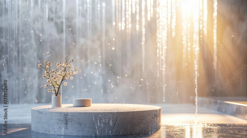 Poster the podium is adorned with shimmering icicles reflecting the soft morning light and creating a spark