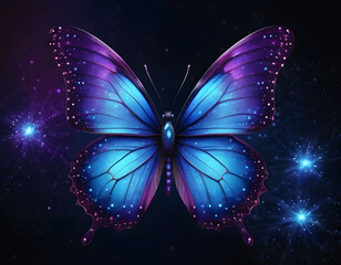 
In a mystical display of beauty, a radiant purple butterfly flutters gracefully against a backdrop of deep purple galaxies, casting a spellbinding aura of enchantment and wonder.
