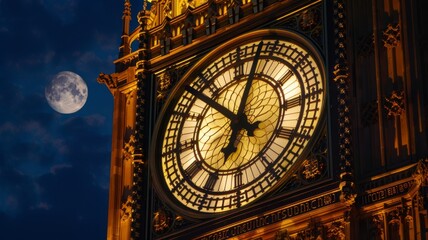 Fototapeta na wymiar Illuminated Big Ben Clock Face and Moon - The iconic Big Ben clock face lit in golden light with a full moon in the dark blue evening sky, symbolizing London and time