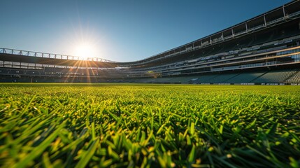 Pristine stadium seating overlooking a sun-kissed green pitch