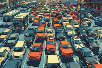 Obraz premium A cluster of cars is stuck in gridlocked traffic on the street. Generative AI