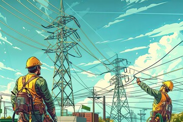 Two engineers standing near power lines, conducting inspections and maintenance work on the electrical system. Generative AI