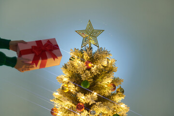 Christmas gift, a girl's hands holding a gift box by a Christmas tree