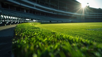 Green grass field in soccer stadium with sunlight and lens flare effect.