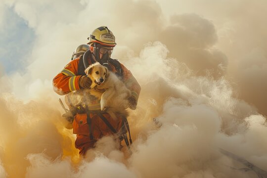 A firefighter holding a dog in a cloud of smoke, symbolizing a rescue mission taking place amid dangerous conditions. Generative AI