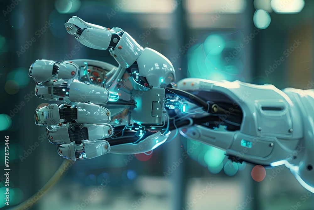 Poster a robotic hand is linked to a smart phone, showcasing the integration of technology in medical devic