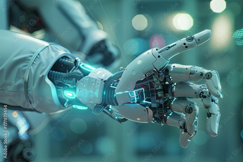 Poster a robotic hand is touching another robotic hand, showcasing technological advancements in engineerin