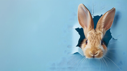 Rabbit head peeking through hole in paper background with copy space for Easter Day concept banner, Cute bunny breaking wall with torn edges
