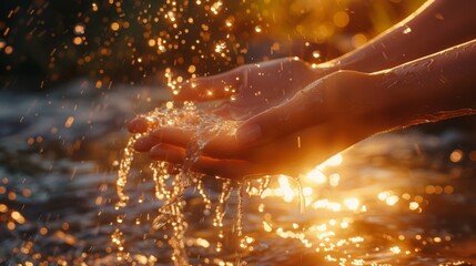 Woman's hands with water splashes on the background of the setting sun