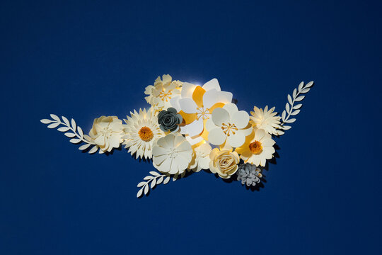 Greeting card with different paper flowers in led lights