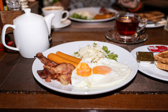 Breakfast served on the table.